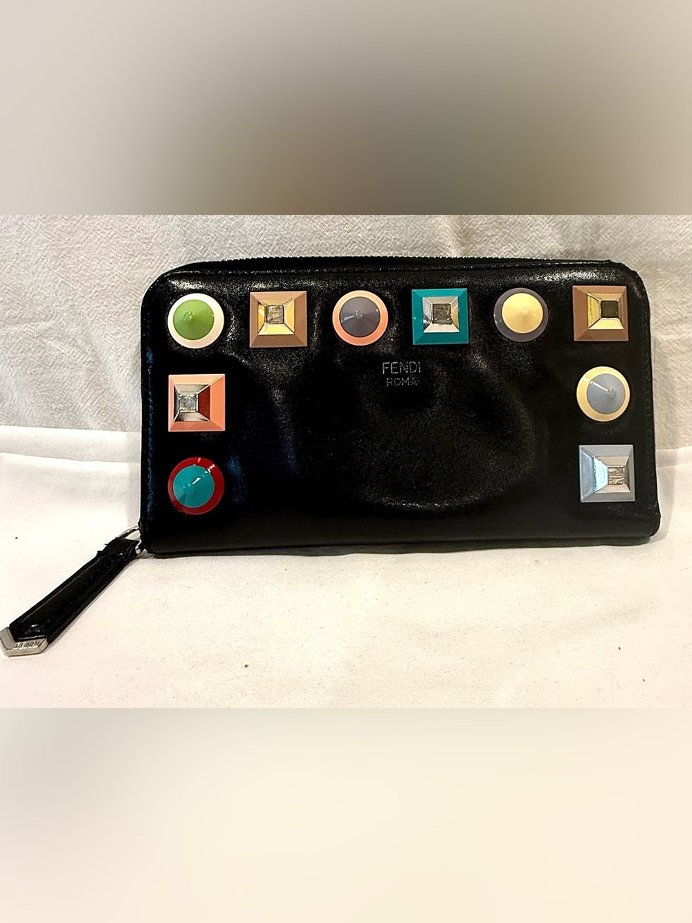 Fendi Black Leather Zip Wallet with Multicolor Studs